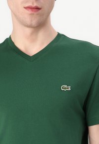 T-shirt verde a scollo a V realizzata in tessuto morbido, con un piccolo logo di coccodrillo ricamato sul lato sinistro del petto. Maniche corte.