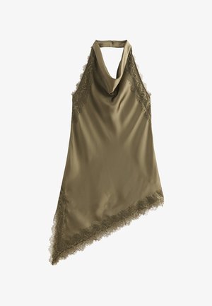 New Look, DARK KHAKI SATIN LACE TRIM ASYMMETRIC HEM COWL NECK TOP - Blouse - khaki