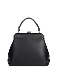 Borsa a mano in pelle nera con una forma strutturata, superficie testurizzata e una chiusura in metallo. Presenta un manico singolo per il trasporto.