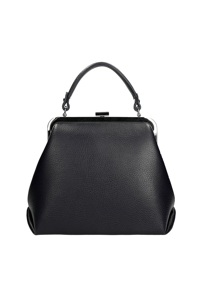 Borsa a mano in pelle nera con una forma strutturata, superficie testurizzata e una chiusura in metallo. Presenta un manico singolo per il trasporto.