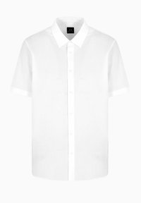 Camicia bianca a maniche corte con tessuto strutturato, colletto button-down e chiusura frontale con bottoni. Design semplice e taglio sartoriale.