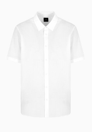 Camicia bianca a maniche corte con tessuto strutturato, colletto button-down e chiusura frontale con bottoni. Design semplice e taglio sartoriale.