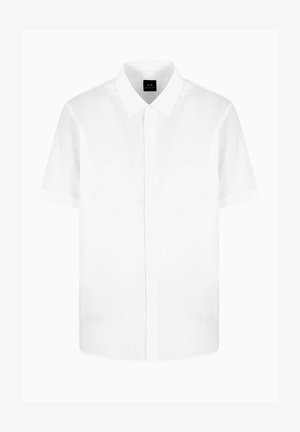 Camicia bianca a maniche corte con tessuto strutturato, colletto button-down e chiusura frontale con bottoni. Design semplice e taglio sartoriale.