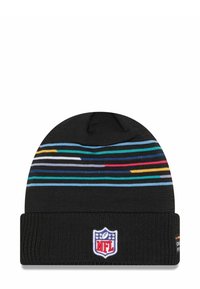 Schwarze Strickmütze mit bunten horizontalen Streifen und NFL-Logo-Patch auf der Vorderseite. Weicher Stoff, formschlüssige Passform und dehnbares Design.
