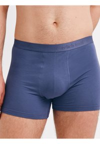 Men's blue boxer shorts made of smooth fabric, featuring a soft elastic waistband with embossed branding, fitted design, and seamless construction.