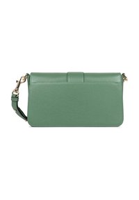 Borsa a tracolla in pelle verde con un design strutturato, forma piatta e tracolla rimovibile. Presenta cuciture minimaliste e una superficie liscia.