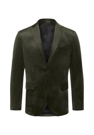Olíva zöld bársony blézer egy gombos zárással, kivágott sarkú gallérral és két elülső zsebbel. Sima textúra és elegáns dizájn.