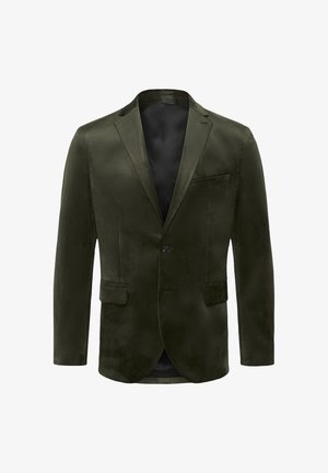 Alyvų žalios aksominės švarkas su viena saga, su pjūvio apykakle ir dviem priekinių piniginėmis. Lygi tekstūra ir elegantiškas dizainas.