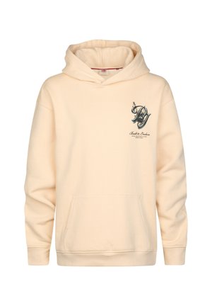 Roomkleurige hooded sweatshirt met voorzak en kleine zwarte afbeelding en tekst op het linker borstgebied.
