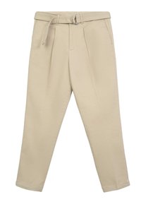 Pantaloni beige con vita a cintura, caratterizzati da un taglio dritto, pince, tasche laterali e una texture in cotone morbido.