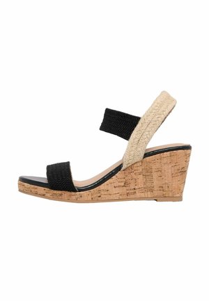 Schwarze Keilsandalette mit gewebten Stoffriemen, Korkkeilabsatz und einem strukturierten beigefarbenen Akzent, sowie einer glatten schwarzen Fußbett.