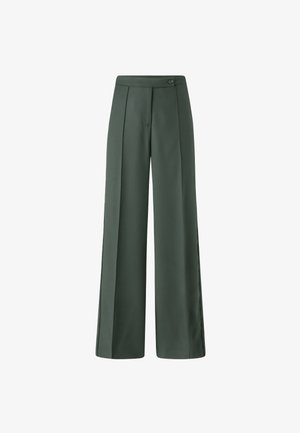 Pantalon à jambes larges en tissu vert foncé. Caractérisé par une texture lisse, des plis à l'avant et une fermeture latérale à bouton. Design épuré et tailleur.