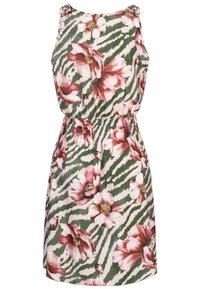 Robe florale avec un motif en zigzag vert et blanc, agrémentée de fleurs roses et blanches ; taille élastique, sans manches.