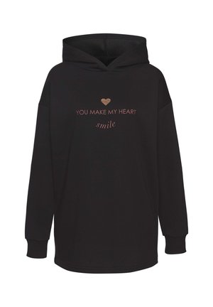 Schwarzer Kapuzenpullover aus Baumwolle mit dem Frontdruck "DU LÄSST MEIN HERZ LÄCHELN" und einem Herz-Akzent, lockere Passform und langen Ärmeln.