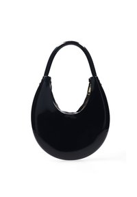 Sac à main en cuir verni noir avec une forme arrondie, des poignées courtes et une fermeture éclair. Texture lisse avec une finition brillante.
