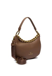 Borsa a tracolla marrone con texture, manico a catena dorata e dettaglio con logo. Include una tracolla in tessuto coordinato. Forma arrotondata.