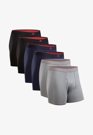 Seis pares de calzoncillos tipo bóxer en negro, azul marino y gris, con cinturilla elástica con detalles rojos y un ajuste ceñido.