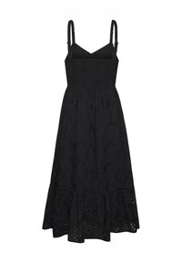 Schwarzes Kleid mit verstellbaren Trägern, gerafftem Oberteil, gestuftem Rüschensaum und komplizierter Lochstickerei auf dem gesamten Stoff.