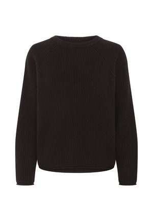 Černý pletený svetr s ribbed texturou, kulatým výstřihem, dlouhými rukávy a volným střihem. Žádné viditelné zdobení nebo vzory.