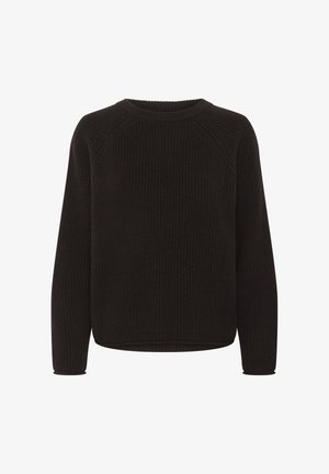 Black knitted sweater with a ribbed texture, crew neckline, long sleeves, and a relaxed fit. No visible embellishments or patterns.