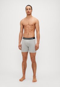 Sive bombažne bokserice z črnim pasom, na katerem je v beli barvi natisnjeno "Billionaire Boys Club". Model stoji bos na nevtralni podlagi.