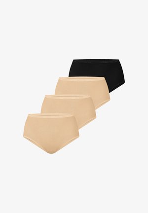 Vier dames slips met hoge taille in een verspringende opstelling, drie beige en één zwart, met een zachte tailleband waarop een subtiel logo te zien is.
