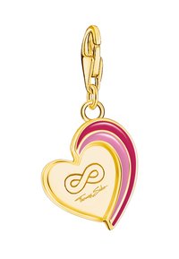 Gold heart-shaped charm with pink stripes, infinity symbol, and "Thomas Sabo" engraving, attached to a lobster clasp.