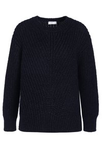 Marineblau gestrickter Pullover aus strukturiertem Garn mit Rundhalsausschnitt und langen Ärmeln; verfügt über ein Rippdesign und eine lockere Passform.
