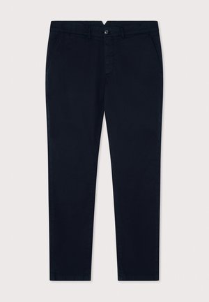 Pantaloni blu navy realizzati in tessuto liscio. Presentano una chiusura con bottone, passanti per la cintura e tasche laterali. Design a gamba dritta, senza fantasie.