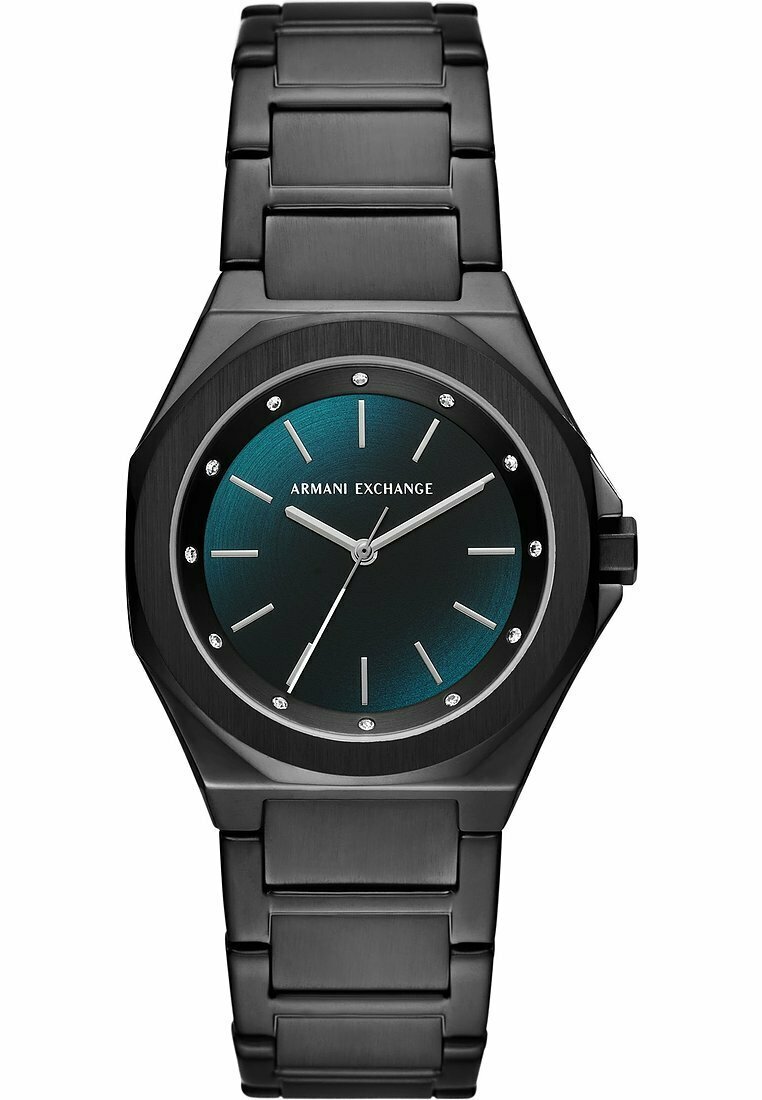 Reloj de acero inoxidable negro con una caja octagonal, esfera en tono verde oscuro, índices plateados minimalistas y marcadores engastados. Presenta una pulsera de eslabones.