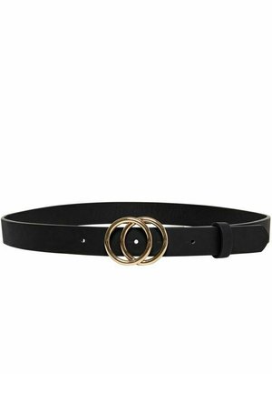 Black leather belt with a smooth texture, featuring a gold double-ring buckle and adjustable sizing. Classic design for versatile wear.