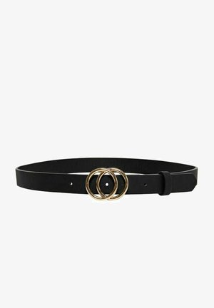Cintura in pelle nera con texture liscia, dotata di una fibbia a doppio anello dorata e dimensione regolabile. Design classico per un uso versatile.