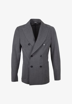 Blazer grigio doppiopetto con ampi revers, sei bottoni neri, due tasche applicate frontali e una tasca sul petto, taglio sartoriale.