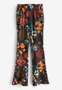 Rozšírené nohavice s mixom žiarivých vzorov, ktoré obsahujú kvetinové a zvieracie motívy na čiernom pozadí. Elastický pás pre pohodlie.