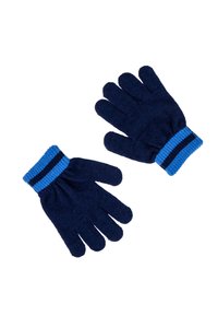Blaue und dunkelblaue Handschuhe mit gerippten Bündchen, die aus einem strukturierten Stoff bestehen und mit zwei blauen Streifen am Handgelenk verziert sind. Geeignet für kaltes Wetter.