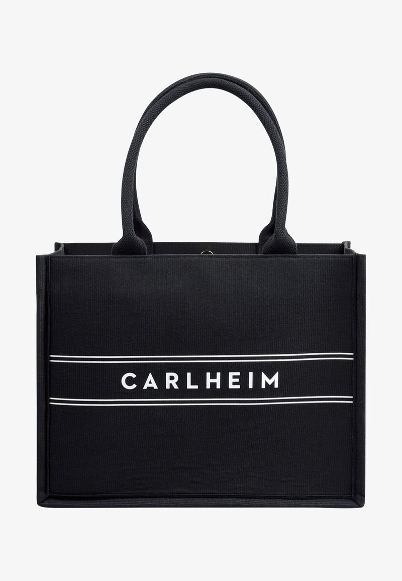 Bolsa tote negra con tejido texturizado, dos asas robustas y texto blanco "CARLHEIM" con dos franjas horizontales en el centro.