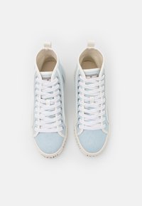 Light blue canvas sneakers with white laces, a rubber sole, and a logo detail on the toe. The design features a high-top style.