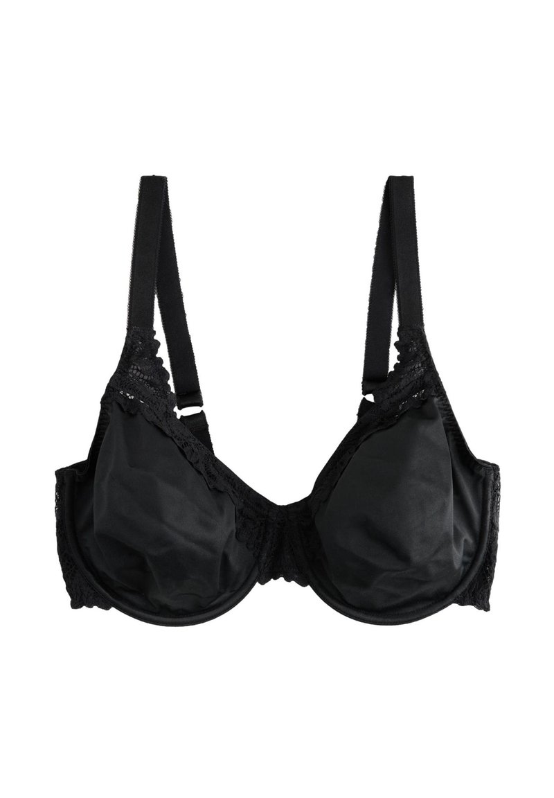 Sort bh med blondekant. Glat stof, bøjleunderstøttelse, justerbare stropper og en klassisk balconette-form. Letvægts og blød tekstur.