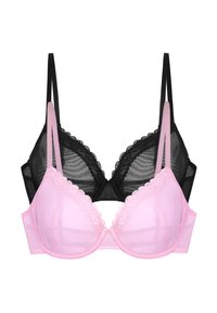 Black and pink lingerie bras with lace trim. The black bra has sheer mesh and adjustable straps, while the pink bra features a smooth texture.