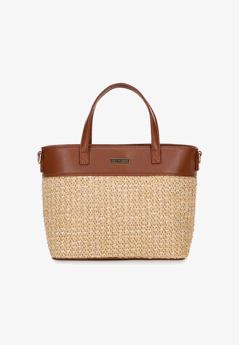Borsa in paglia intrecciata con parte superiore in finta pelle color tan, due manici robusti e forma rettangolare. Presenta un'accenno di logo metallico.