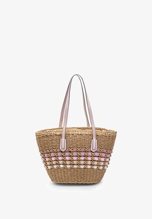 Gewebte Stroh-Totebag mit rosa und weißen Akzenten, ausgestattet mit zwei hellrosa Ledergriffen und einem geräumigen Innenraum.