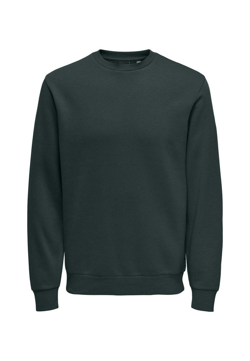 Pullover verde scuro con collo rotondo, maniche lunghe e polsini e orlo a coste. Realizzato in un morbido tessuto testurizzato. Nessun motivo.