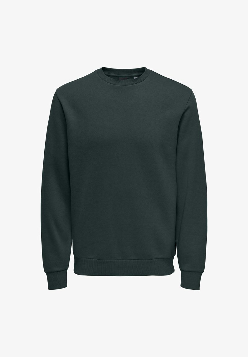 Pullover verde scuro con collo rotondo, maniche lunghe e polsini e orlo a coste. Realizzato in un morbido tessuto testurizzato. Nessun motivo.