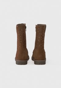 Brown suede mid-calf boots with back zip closures, patterned with small silver star-shaped accents, standing upright on a white background.