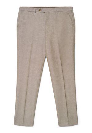 Beige, maßgeschneiderte Hose mit einem Taillenbund mit Knöpfen, Seitentaschen und einem schmal geschnittenen Schnitt, flach auf einem weißen Hintergrund präsentiert.