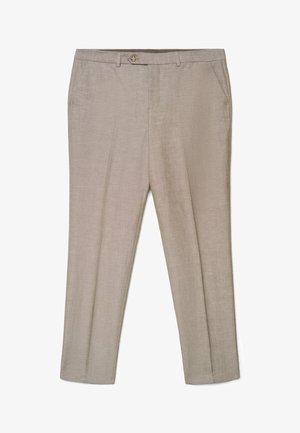 Beige, maßgeschneiderte Hose mit einem Taillenbund mit Knöpfen, Seitentaschen und einem schmal geschnittenen Schnitt, flach auf einem weißen Hintergrund präsentiert.