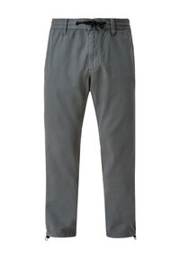 Pantalon décontracté gris pour homme avec taille élastique, cordon noir et ourlets ajustables.