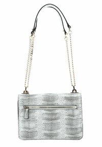 Sac à main en simili-cuir gris avec une poche zippée à l'avant, une surface texturée et des poignées à double chaîne avec des accents en cuir argenté et noir.