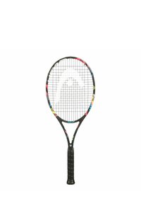 Raqueta de tenis con un marco ligero de color negro, patrones de acento coloridos y un agarre texturizado negro. Presenta un patrón de cuerdas estrechamente entrelazadas.