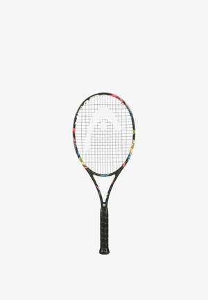 Tennisschläger mit einem leichten schwarzen Rahmen, bunten Akzentmustern und einem strukturierten schwarzen Griff. Verfügt über ein eng geflochtenes Saitenmuster.